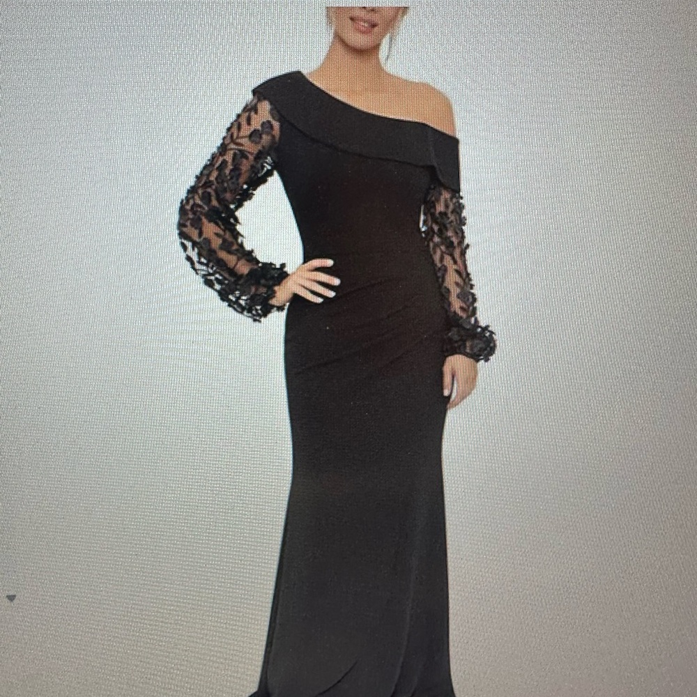 Xscape Black One-Shoulder Dress with Sheer Lace Sleeves